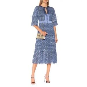 Temperley Suki Silk Blend Tiered Midi Dress Womens 8 Blue Cottage Whimsy Fairy